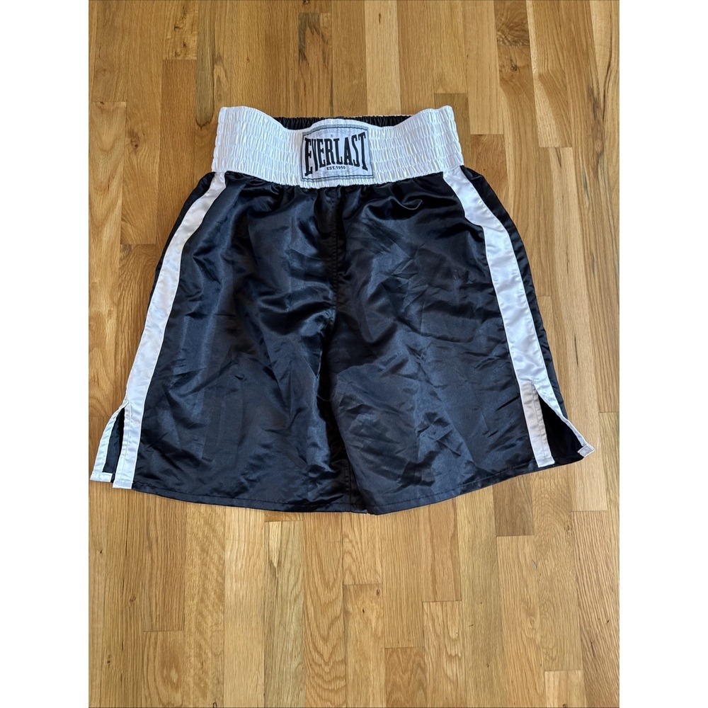 Vintage 70s 80s Everlast‎ Satin Boxing Trunks Shorts XL  Black White Trim